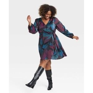 NEW Ava & Viv Women's XXL‎ Balloon Long Sleeve Midi Faux Wrap Dress Pockets